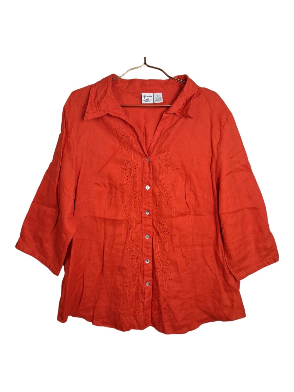 Vintage Alexandra Bartlett 3X Linen Top Red Embroidered Boho Button Blouse Shirt